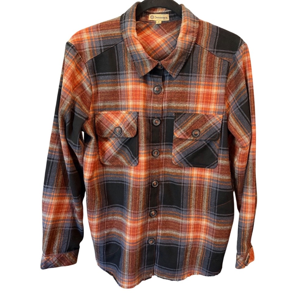 Democracy Womens Orange Black Plaid Button Down Shirt Raw Hem Small Shacket